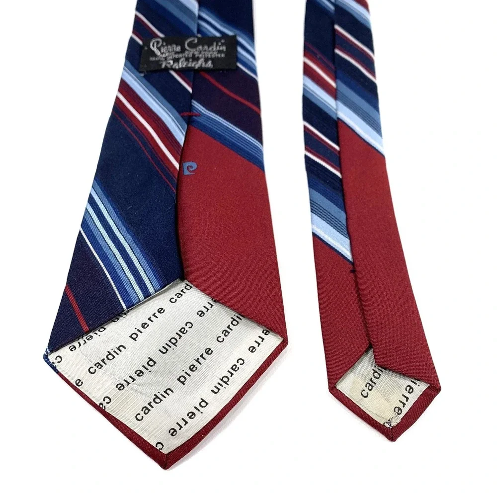 Vintage Pierre Cardin Mens Tie Blue w/ Maroon-White Stripe Design 100% Poly Logo